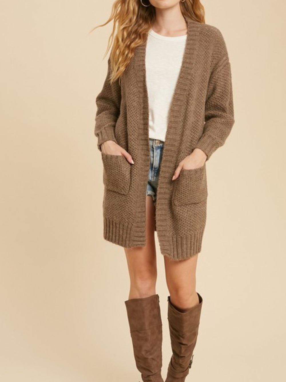 In Loom Grandpa Cardigan Long Open-Front Golden or Brown Knit Front Pockets S M
